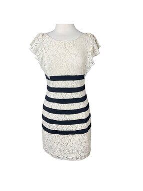 BCBG MAXAZRIA Renata Ivory Lace & Black Ribbon Accent Flounce Sleeve Dress 8 NWT